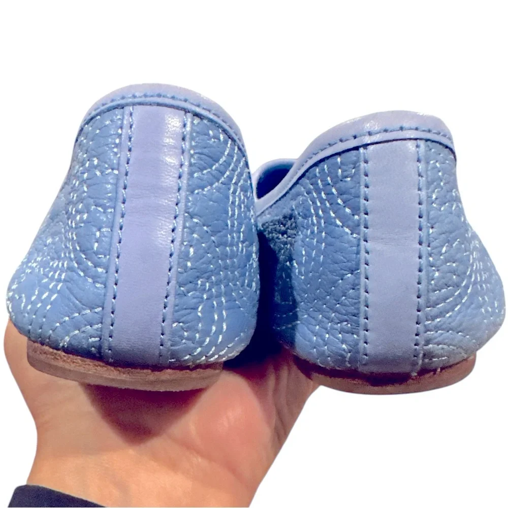 TORY BURCH CHELSEA LIGHT OCEAN BLUE BALLET TOE BOW CHARM ROUND TOE FLATS 7